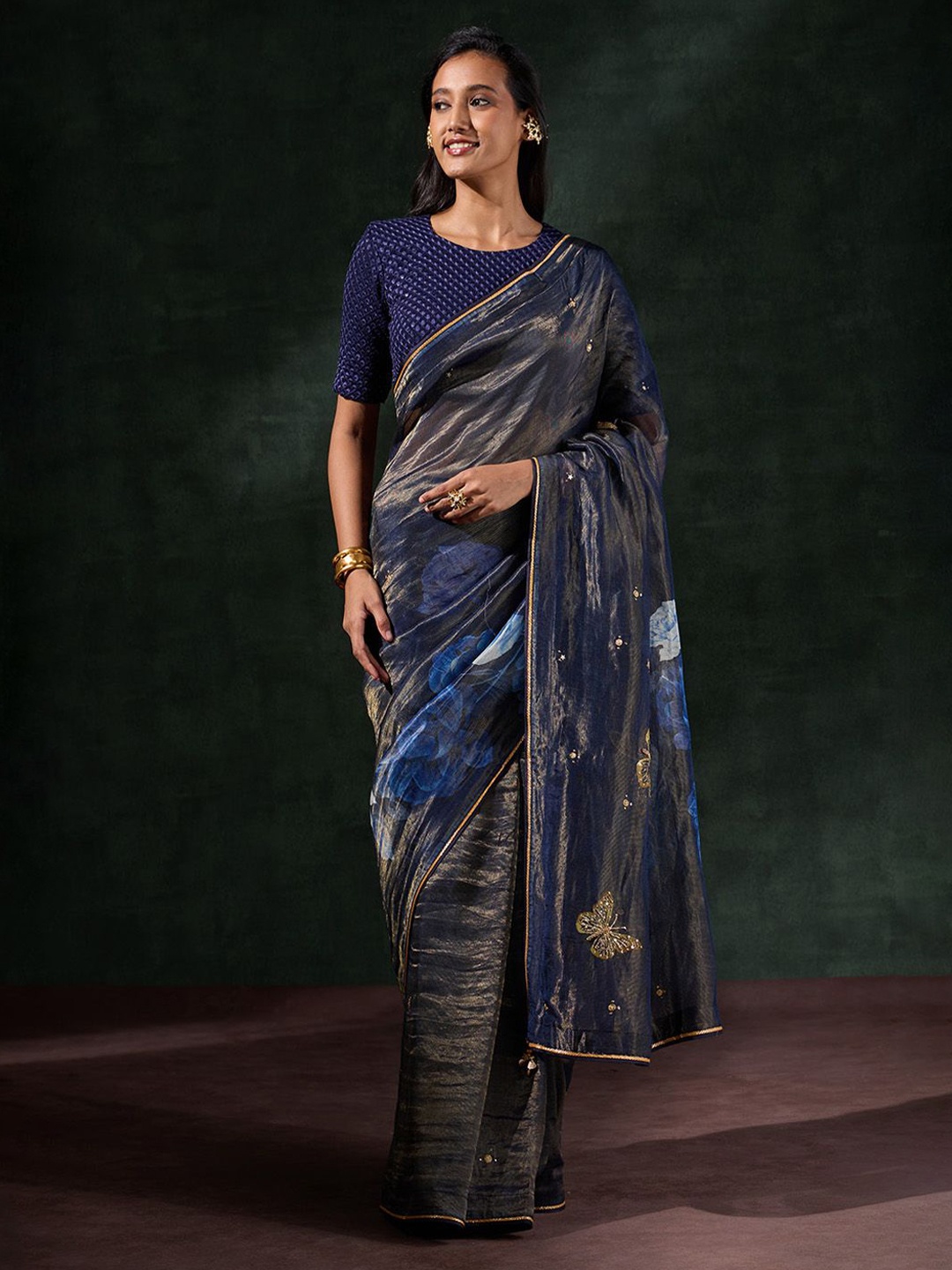 

Taneira Floral Sequinned Tissue Saree, Blue