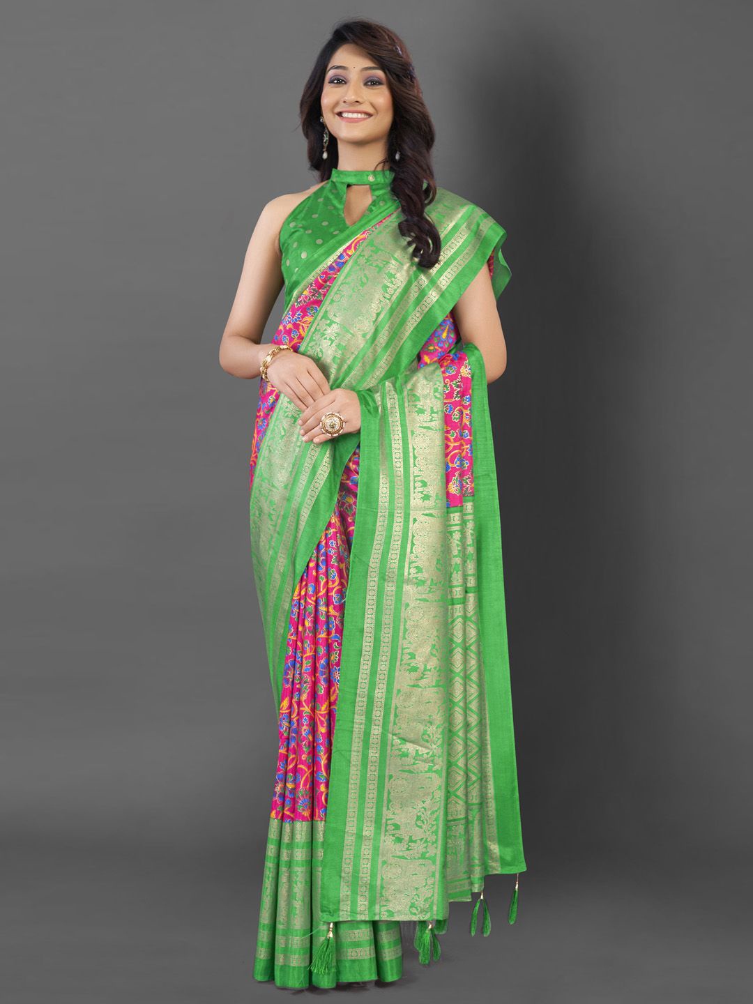 

Mitera Ethnic Motifs Zari Pochampally Saree, Pink