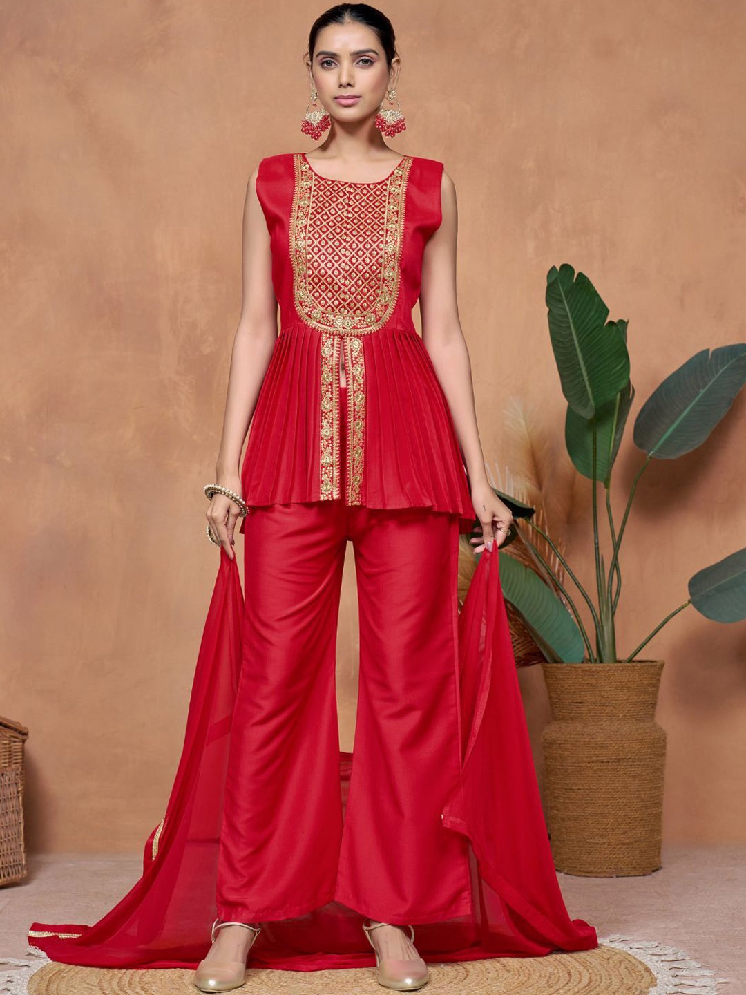 

Sangria Embroidered A-line Kurti & Palazzo With Dupatta, Red