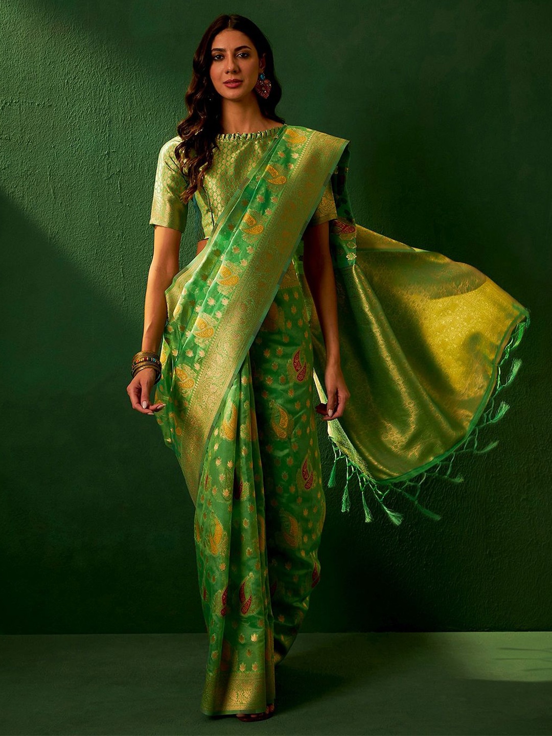 

Maroosh Ethnic Motifs Woven Design Zari Saree, Green