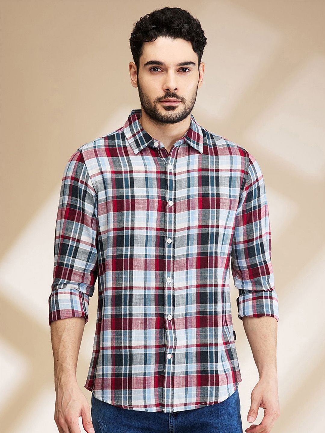 

Being Human Men Spread Collar Tartan Checked Cotton Slim Fit Casual Shirt, Brown
