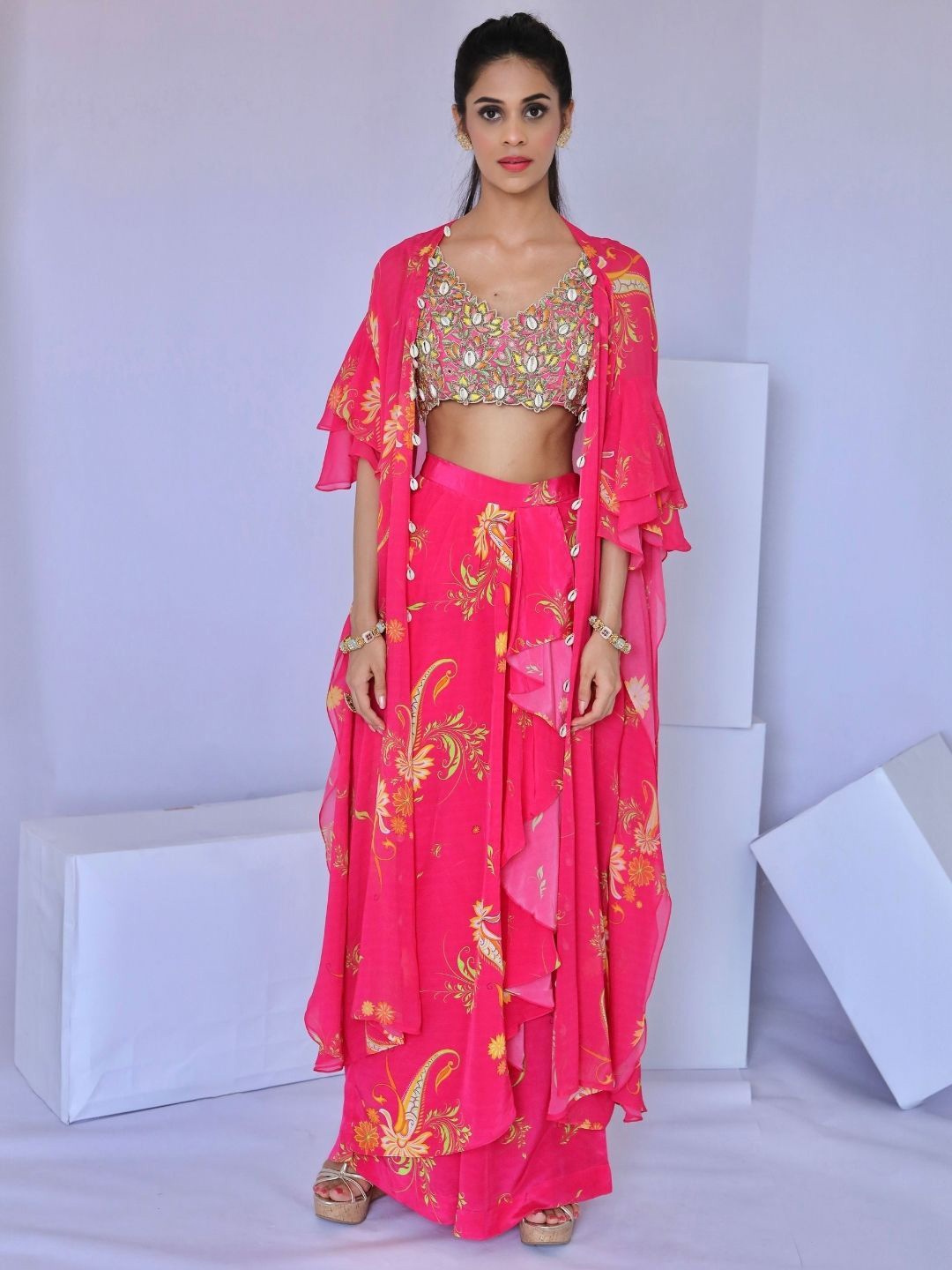 

Foram patel Pink Printed Dhoti Pant with Cape Set