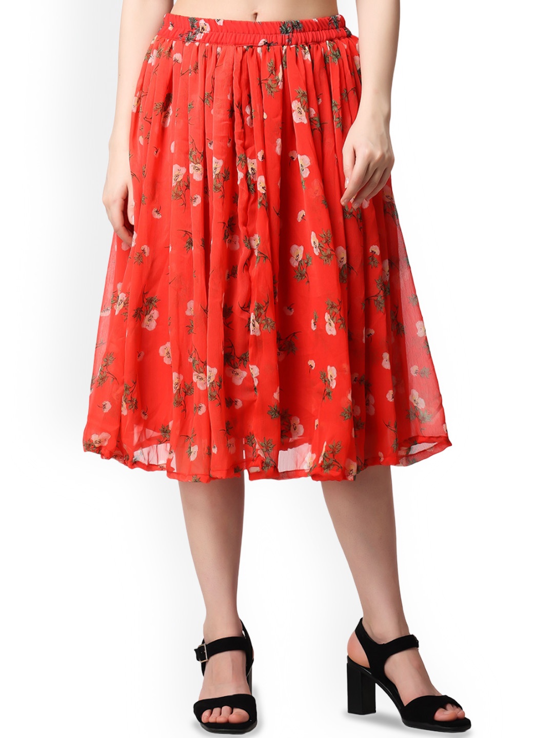 

SCORPIUS Women Floral Printed Flared Midi Skirt, Red