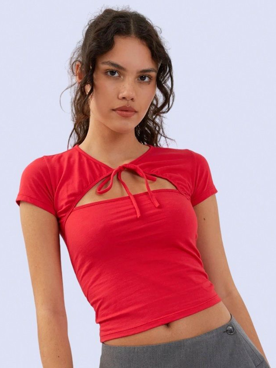 

Dracht Women Solid Tie-Up Neck Cotton Top, Red