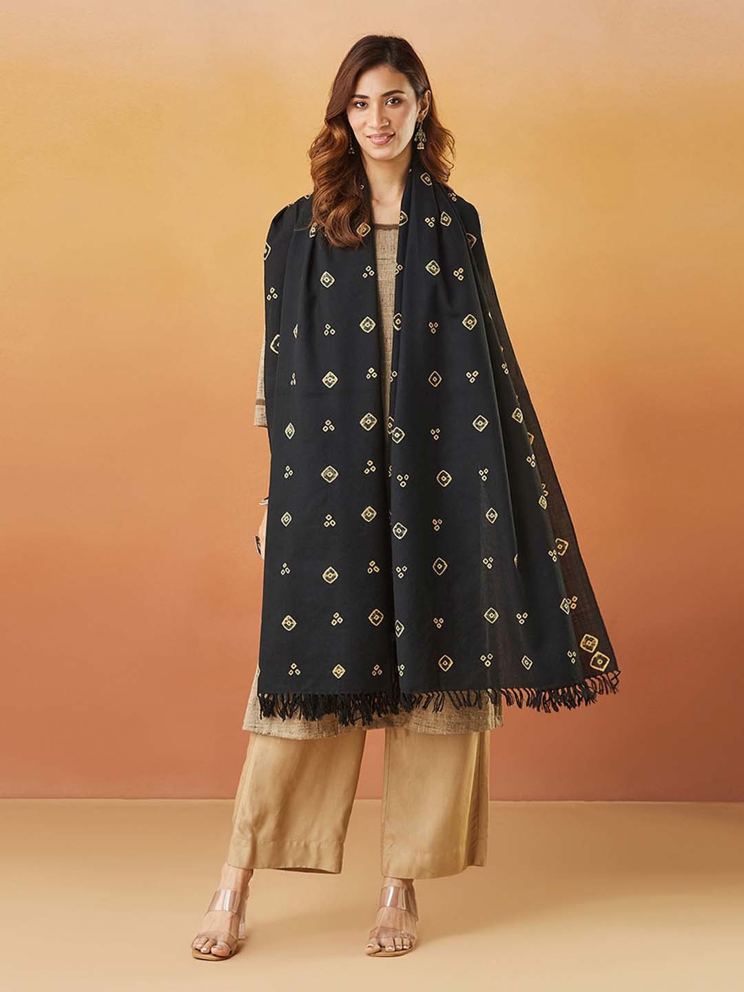 

Fabindia Women Ethnic Motifs Printed Wool Shawl, Black