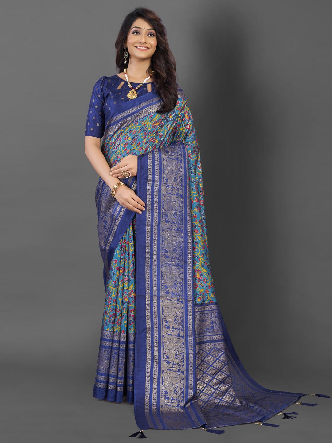 

Mitera Ethnic Motifs Printed Woven Design Zari Pochampally Saree, Teal