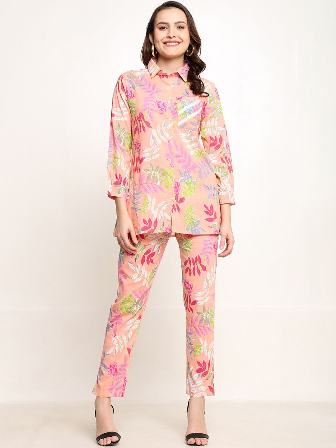 

CORDSET Floral Printed Puff Sleeves Pure Cotton Shirt & Trouser Co-ords, Pink