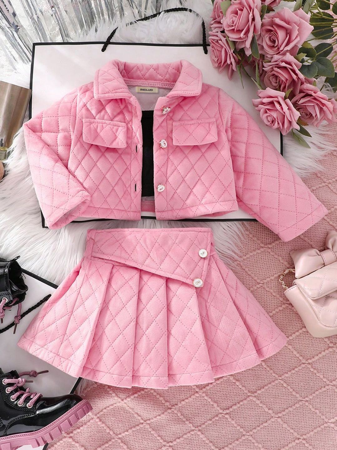 

INCLUD Girls Coat with Skirt Clothing Set, Pink