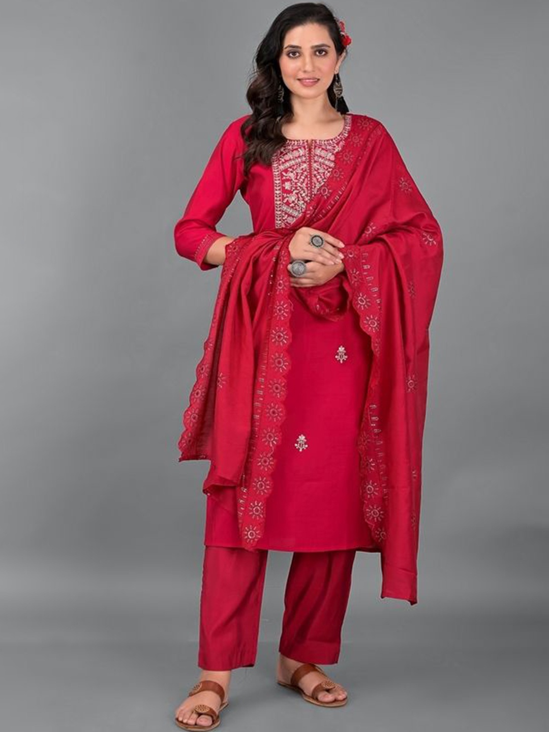 

KALINI Women Embroidered Regular Sequinned Pure Cotton Kurta Set With Dupatta, Pink