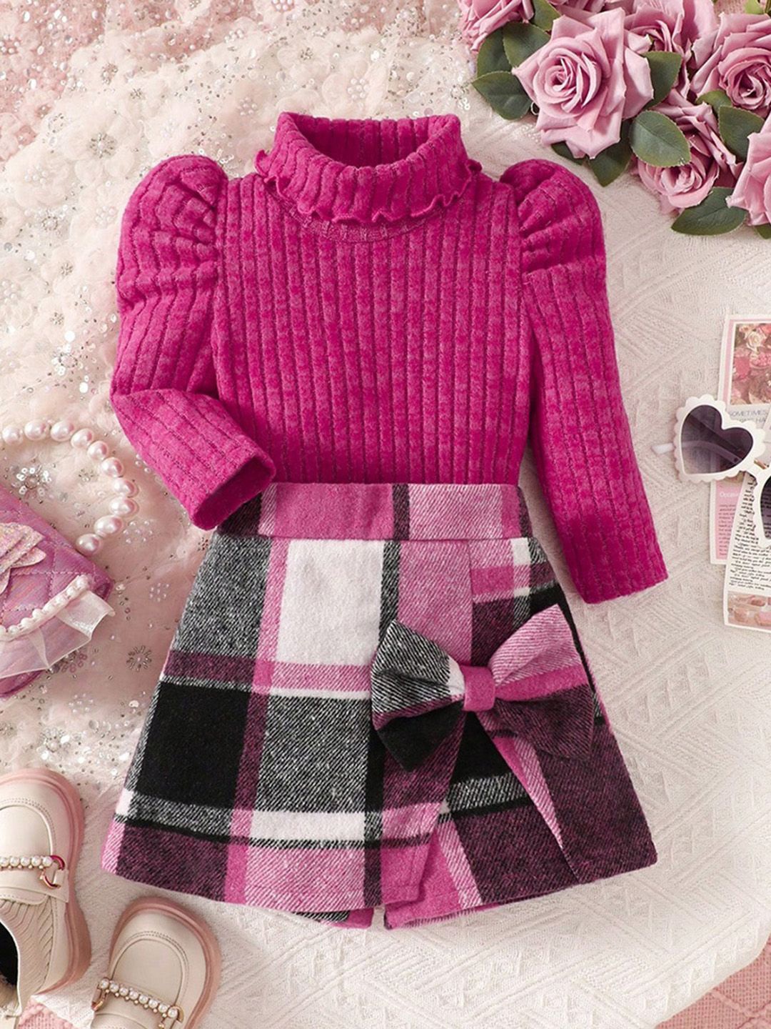 

INCLUD Girls Checked Top with Skirt Clothing Set, Purple