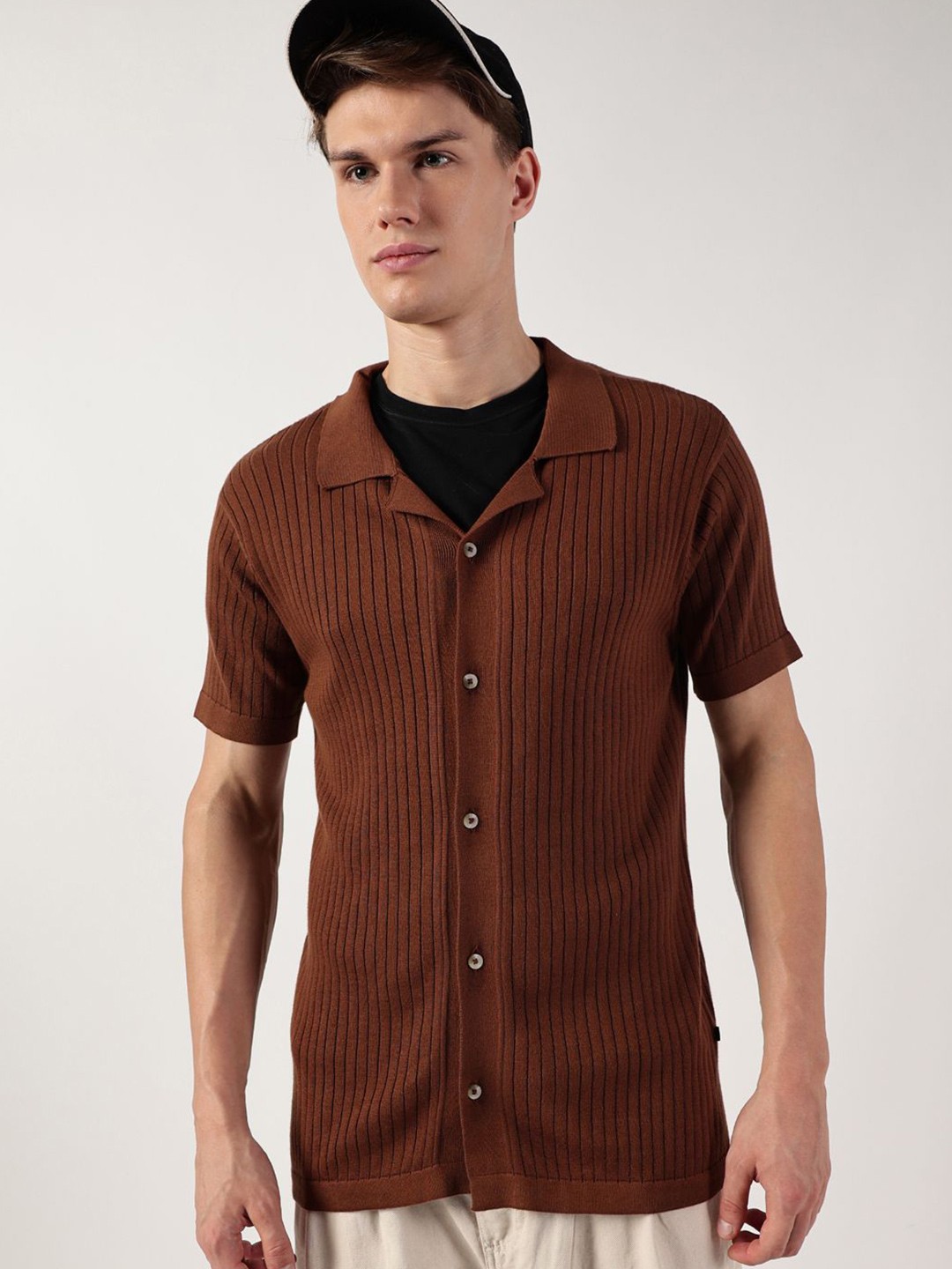 

Thomas Scott Men Premium Cuban Collar Solid Cotton Casual Shirt, Brown