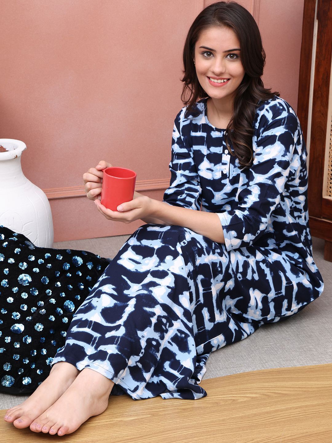 

Claura Women Abstract Printed Maxi Nightdress, Blue