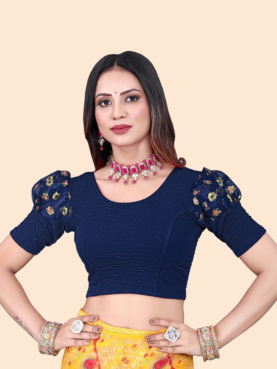 

SHREEJI DESIGNER Women Woven Design Stretchable Saree Blouse, Navy blue