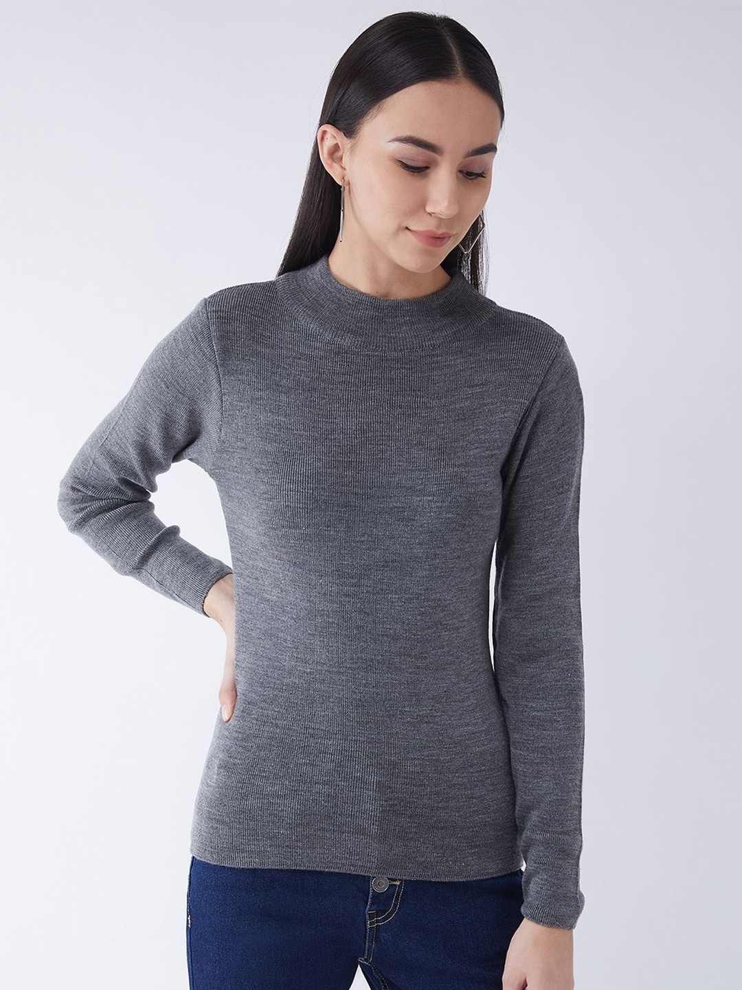 

RVK Women Round Neck Long Sleeves Pullover Sweaters, Grey