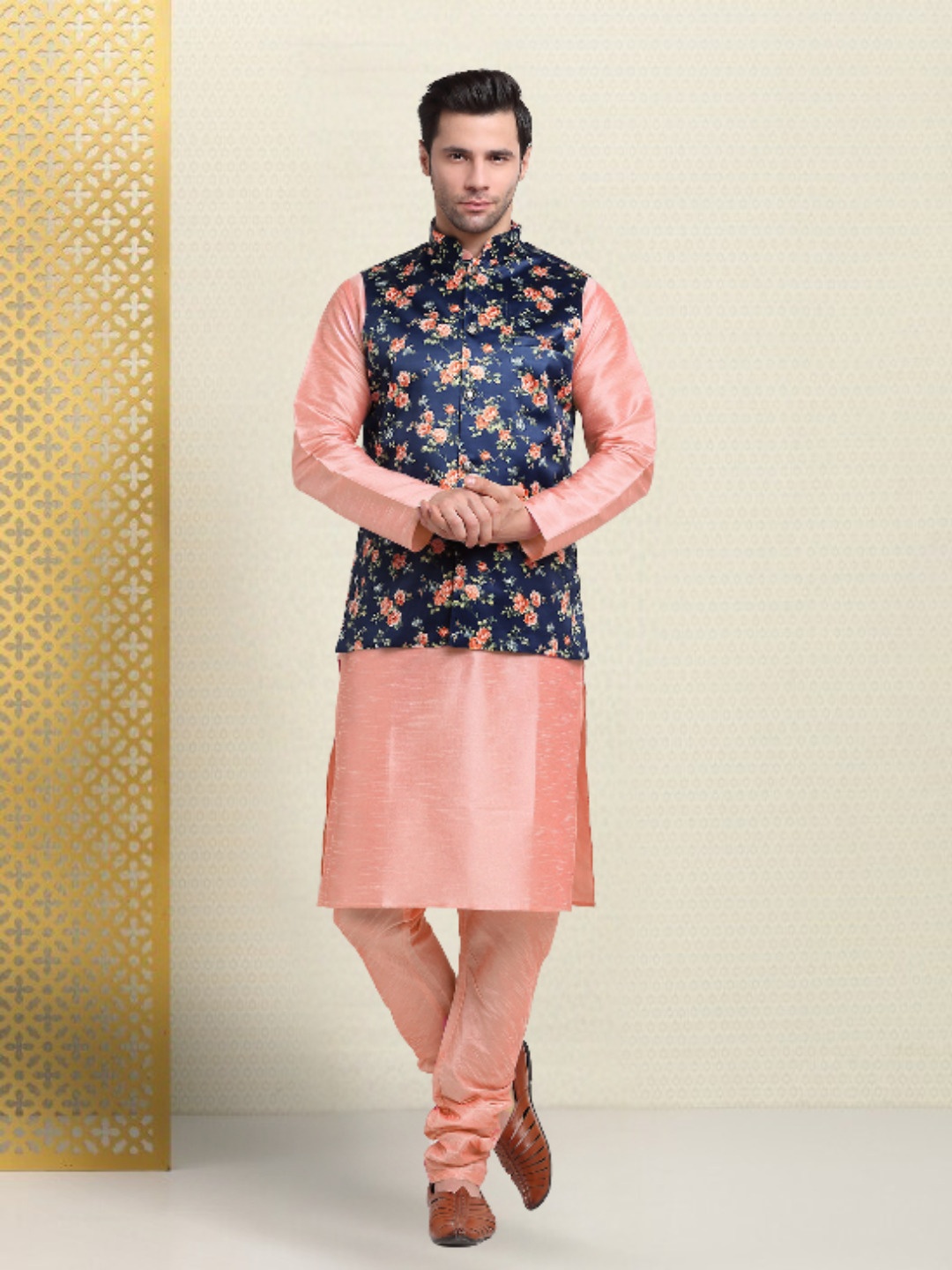 

KRAFT INDIA Men Regular Kurta & Churidar With Nehru Jacket Set, Peach