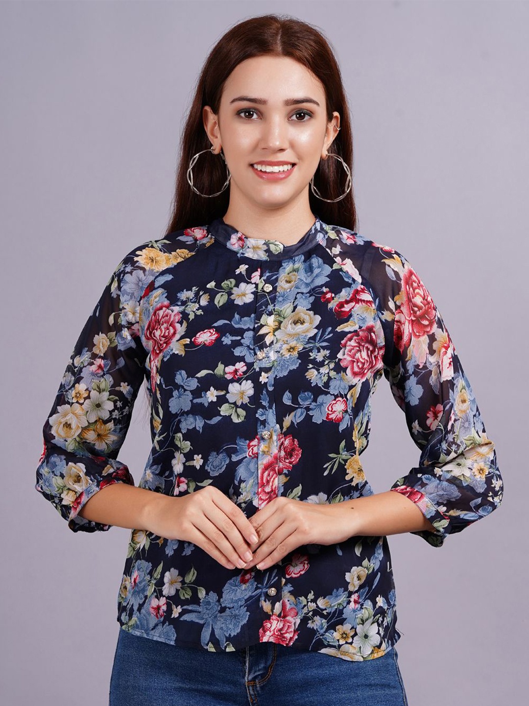 

JC4U Women Floral Printed High Neck Top, Navy blue