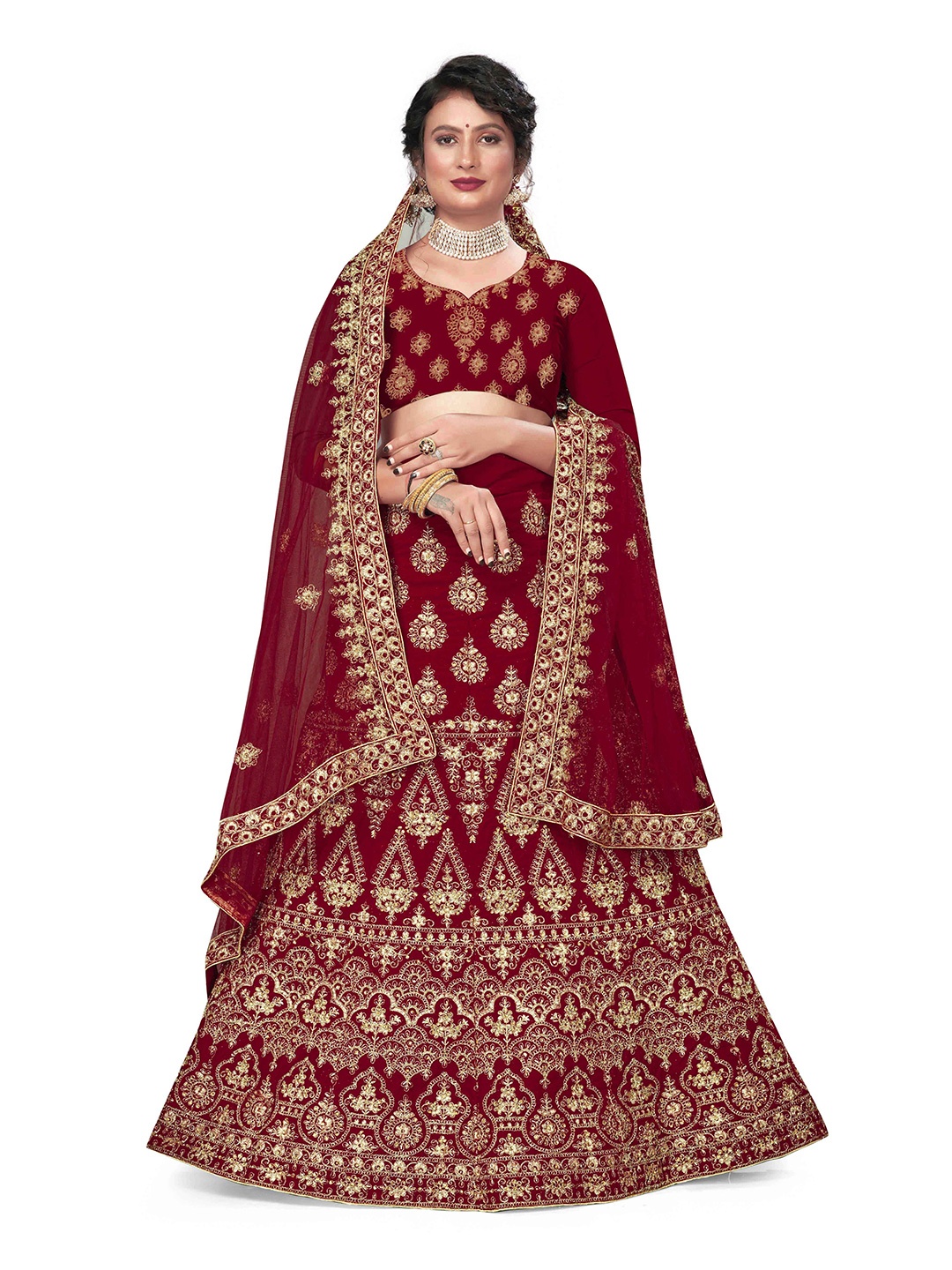 

Maroosh Embellished Thread Work Unstitched Lehenga & Blouse With Dupatta, Maroon