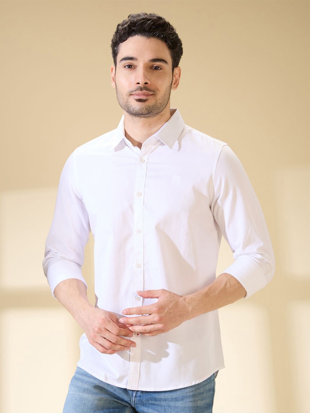 

Being Human Men Spread Collar Solid Cotton Slim Fit Casual Shirt, White