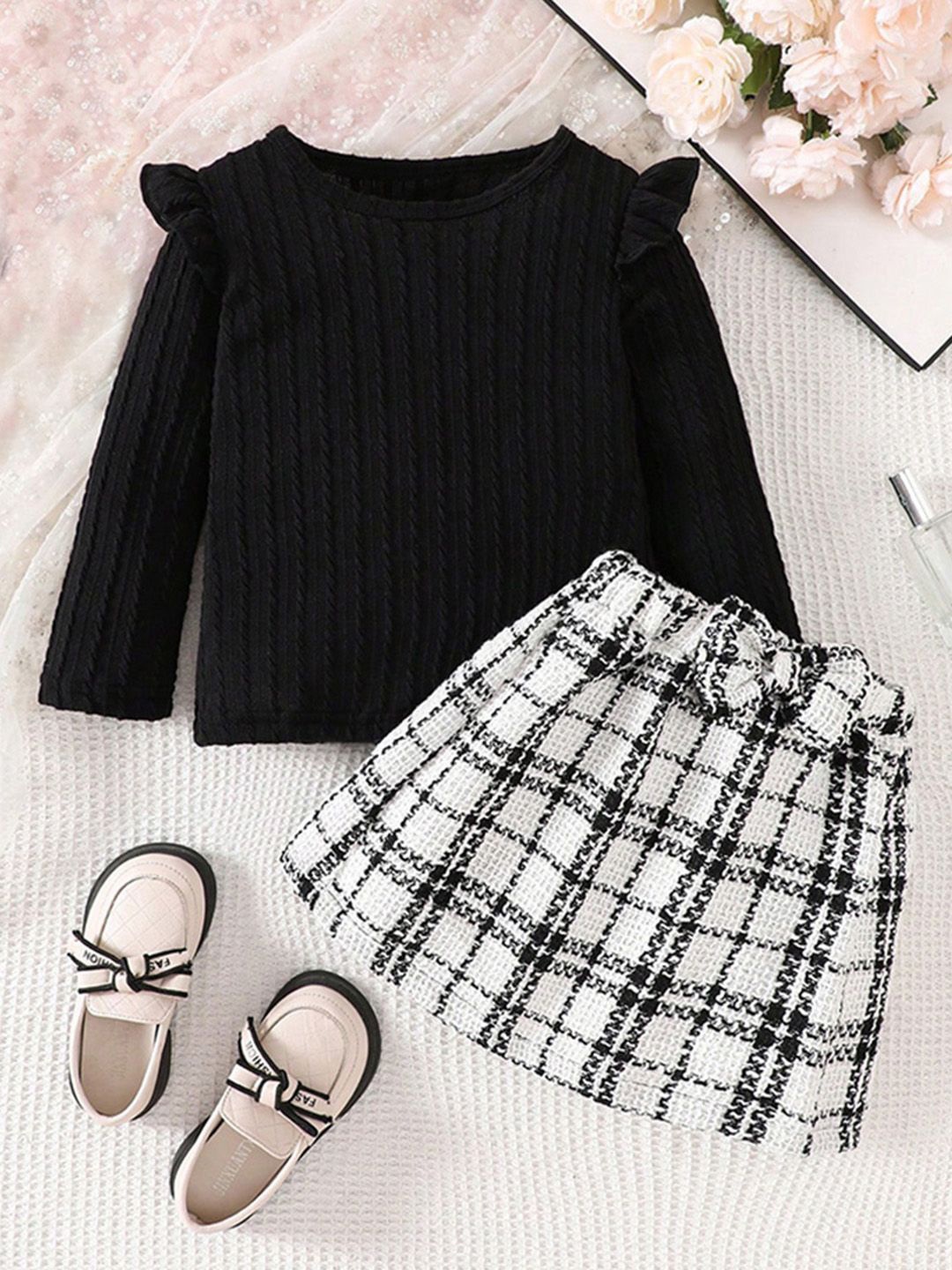 

INCLUD Girls Checked Top with Skirt, Black