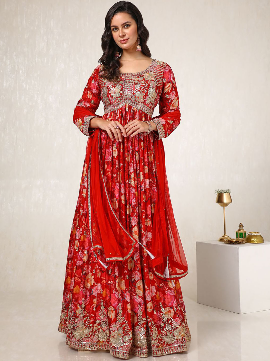 

Soch Floral Printed Round Neck Sequinned Anarkali Kurta With Churidar With Dupatta, Red