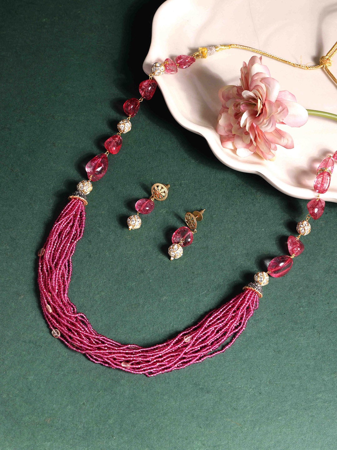 

PANASH Gold-Plated Stones-Studded & Beaded Jewellery Set