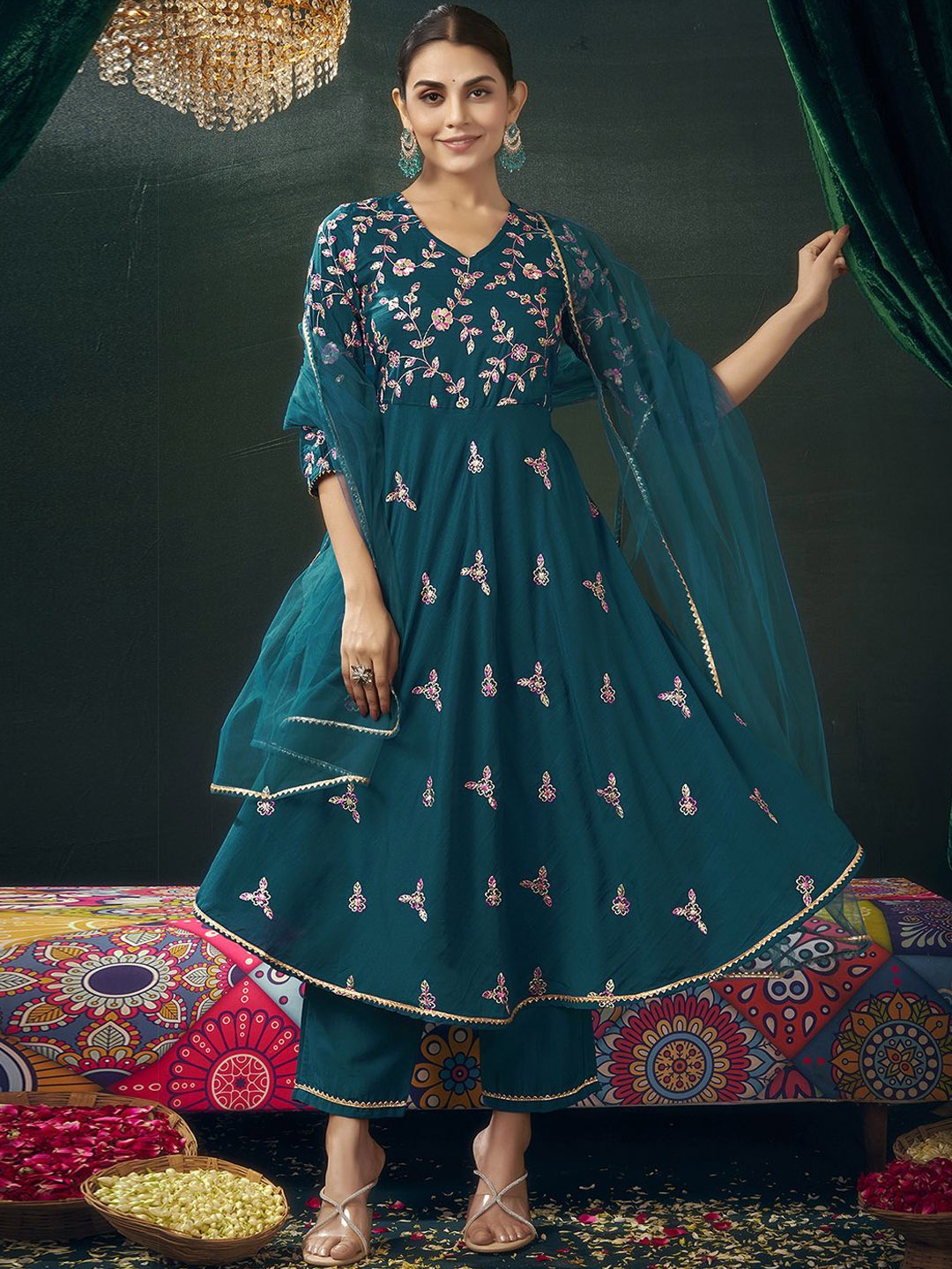 

SKYLEE Women Floral Embroidered Angrakha Sequinned Kurta with Trousers & With Dupatta, Blue