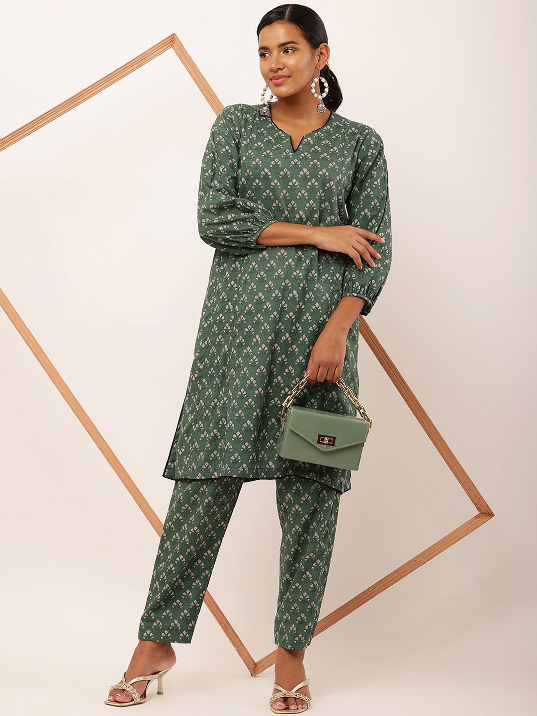 

ROZANAJAIPUR Floral Printed Notch Neck Pure Cotton Top with Trouser Co-Ords, Green