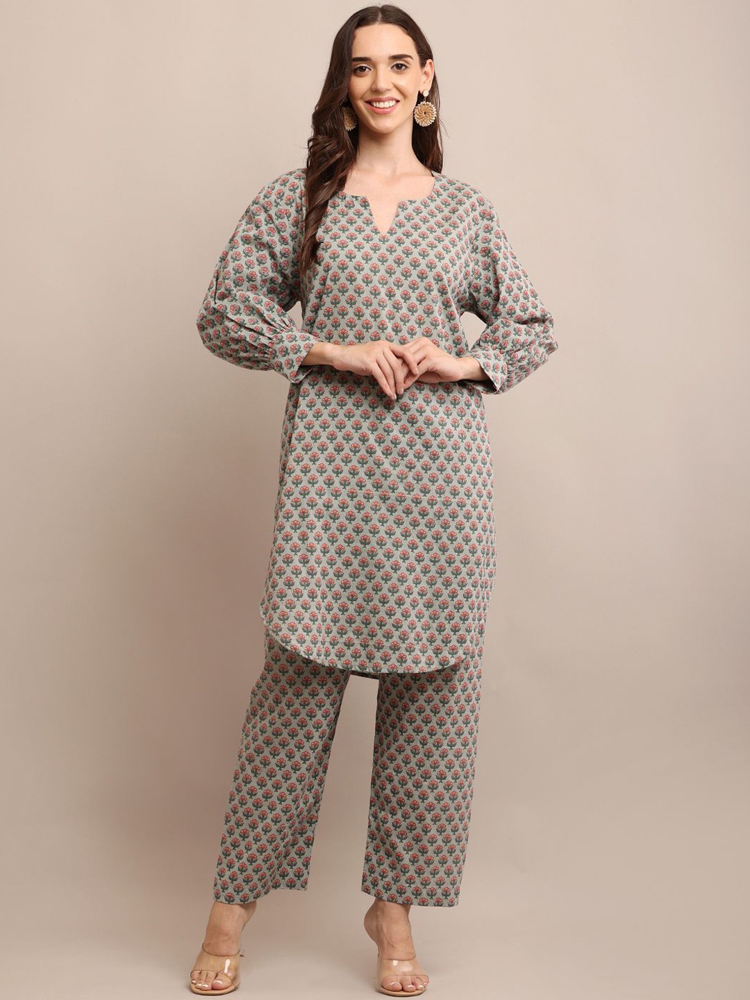 

ROZANAJAIPUR Printed Top With Trouser Co-Ords, Grey