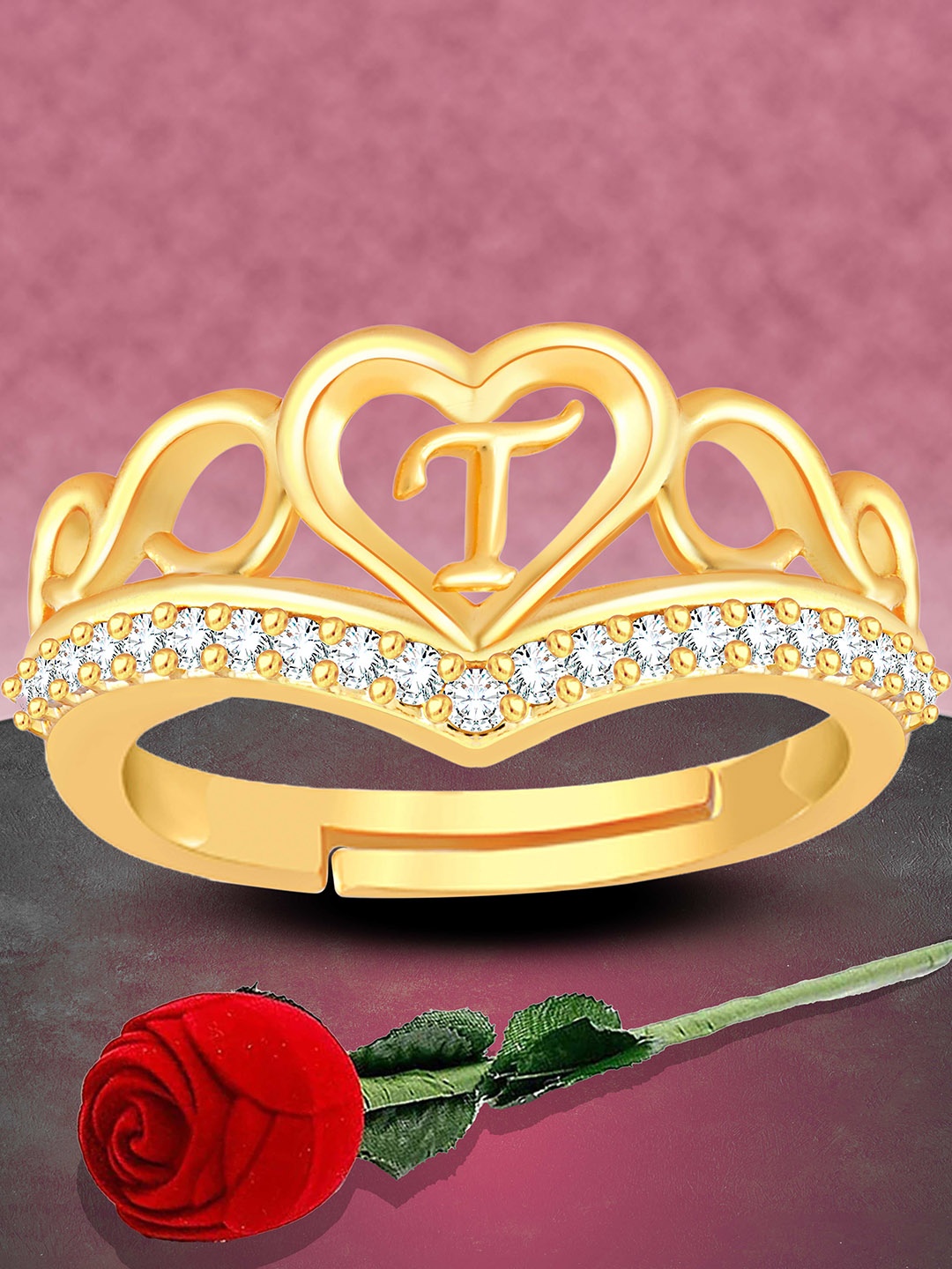 

Heer Collection Unisex Gold-Plated AD Studded Alphabet T Heart Shaped Finger Ring