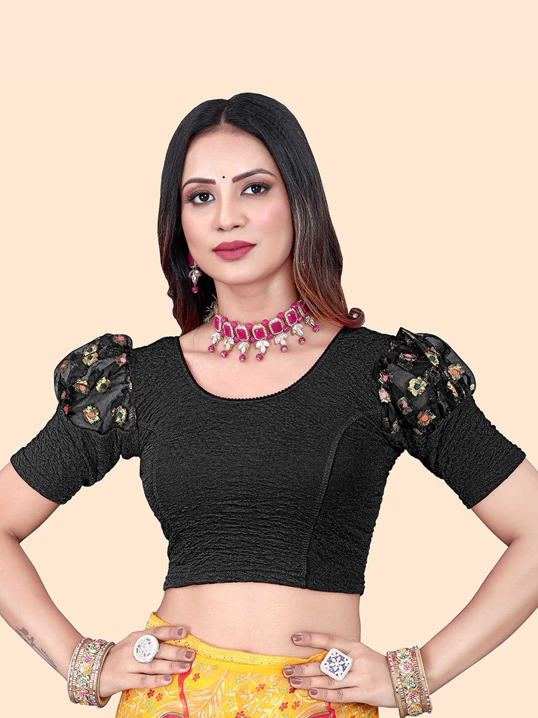 

SHREEJI DESIGNER Woven Design Stretchable Saree Blouse, Black