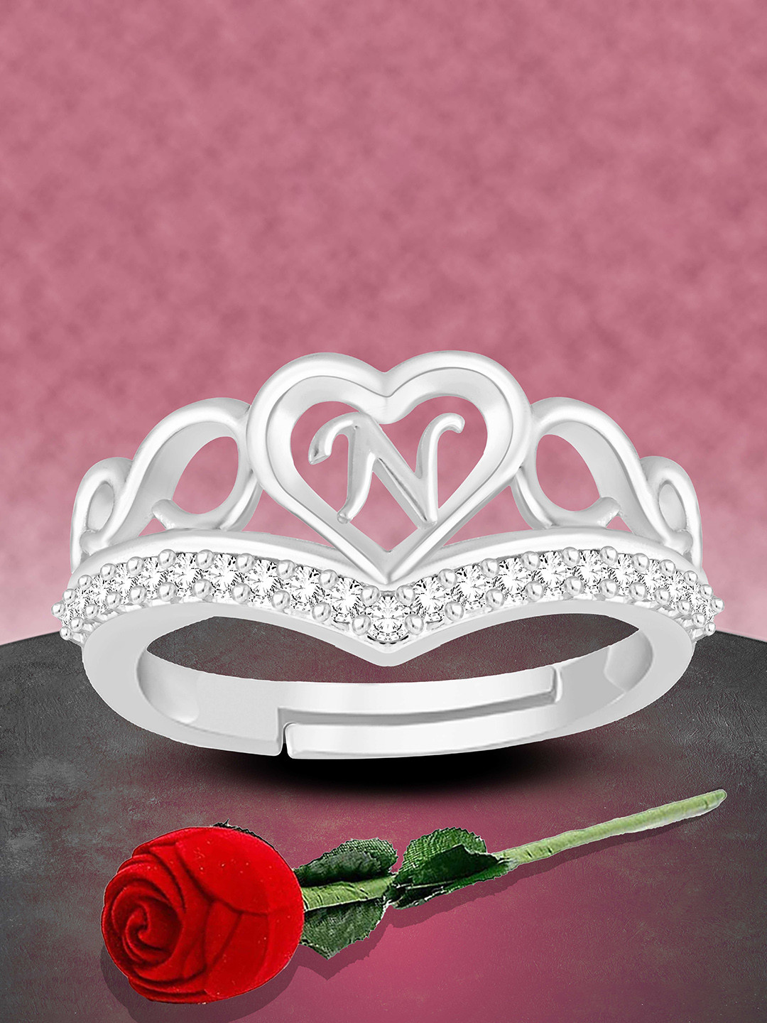 

Heer Collection Unisex Silver-Plated AD-Studded Alphabet N Heart-Shaped Finger Ring