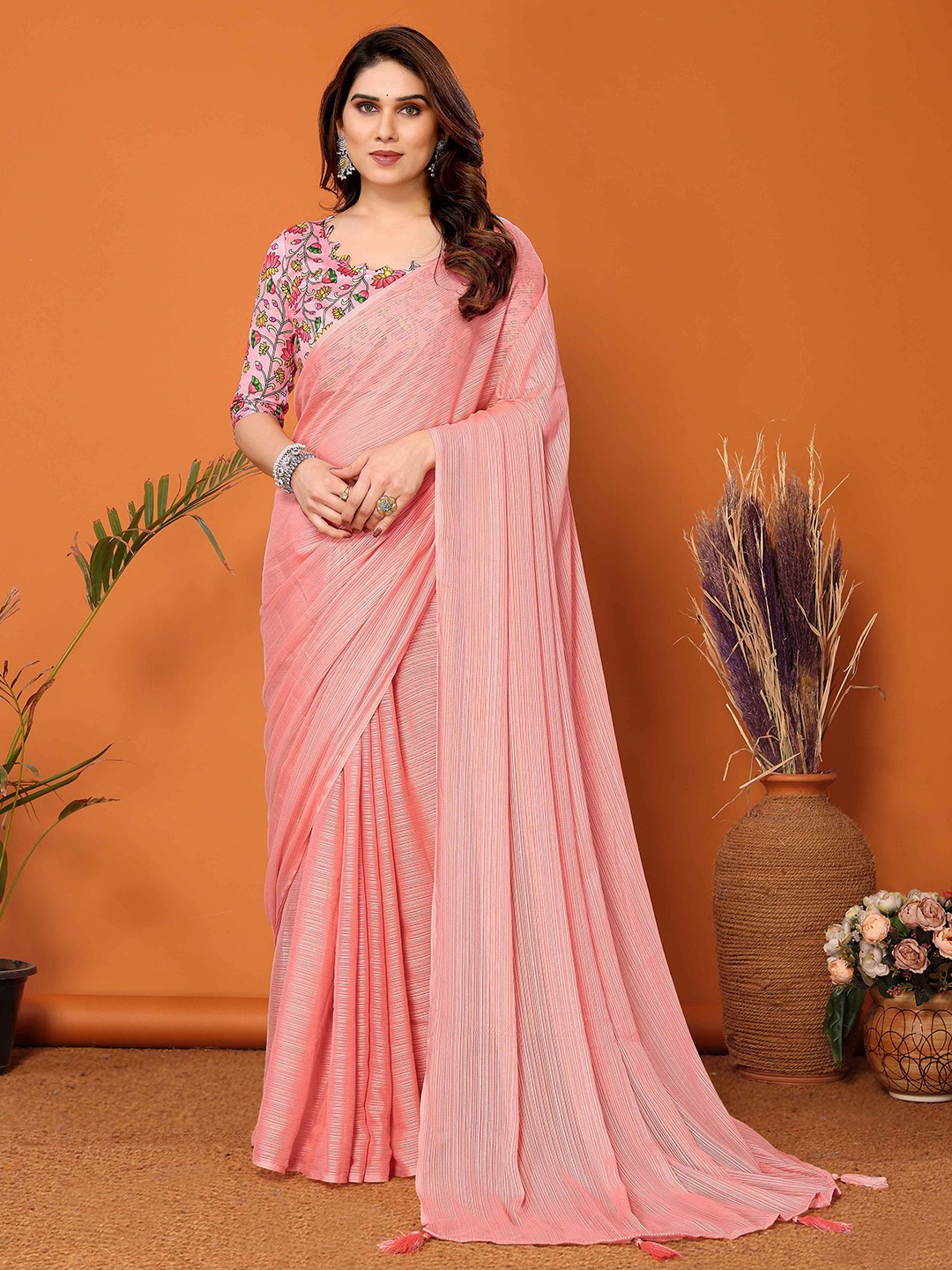 

Shee Star Striped Festive Saree With Blouse Piece, Pink