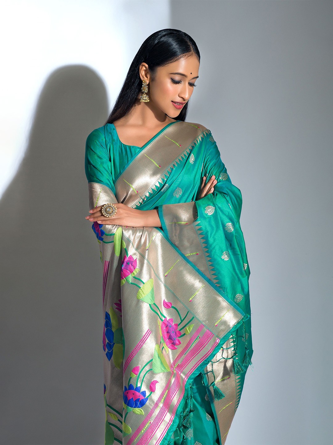 

Kandora Woven Design Zari Pure Silk Banarasi Saree, Teal