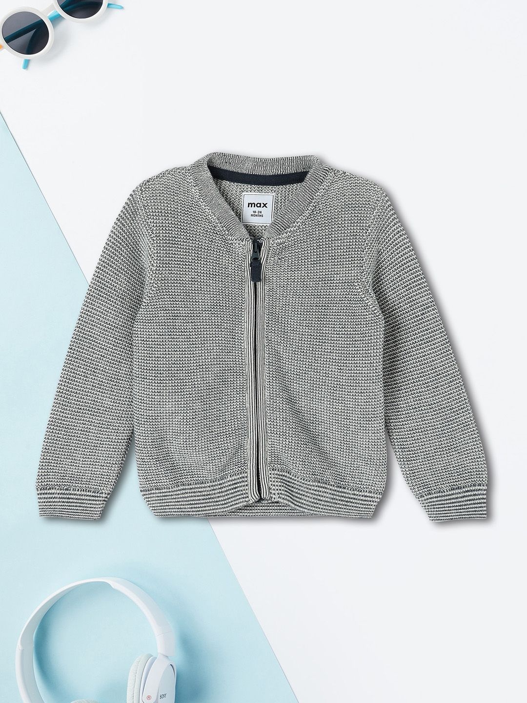 

max Boys Self Design Front-Open Sweater, Grey