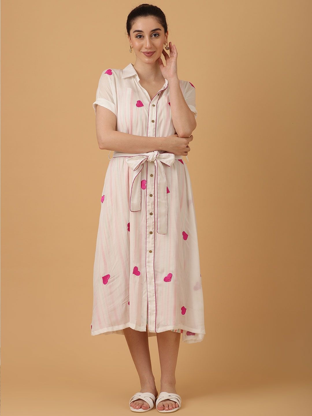 

Chandbaali Women Shirt Collar Roll-Up Sleeves Conversational Embroidered Shirt Dress, White