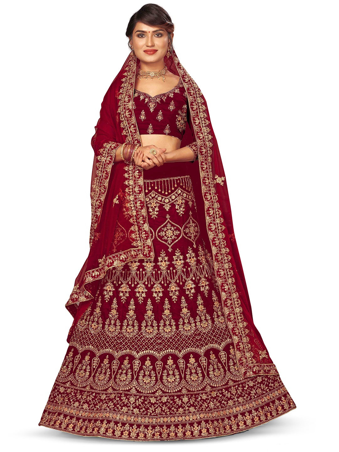 

Maroosh Embroidered Thread Work Unstitched Lehenga & Blouse With Dupatta, Maroon