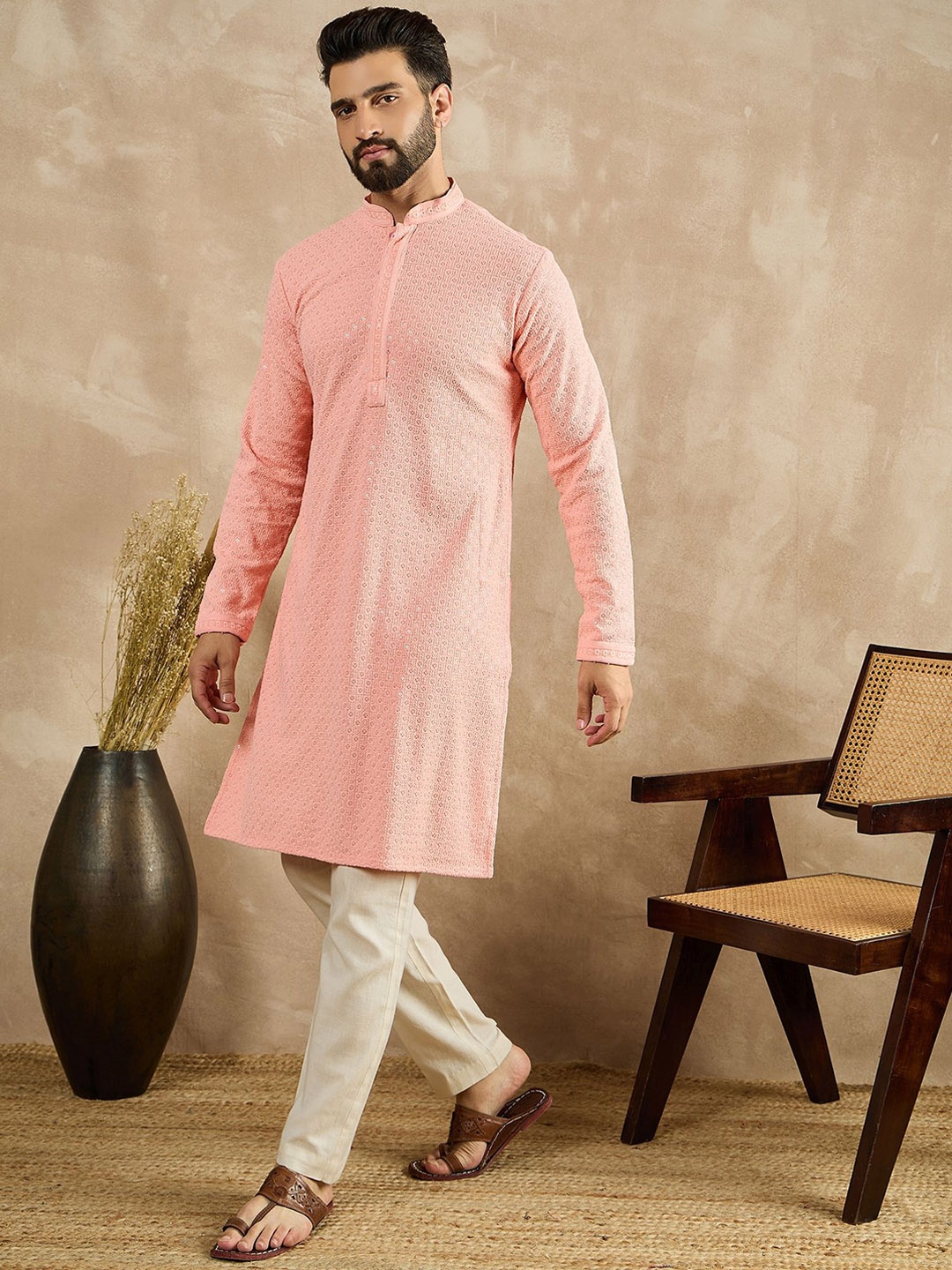 

House of Pataudi Embroidered Straight Kurtas, Peach