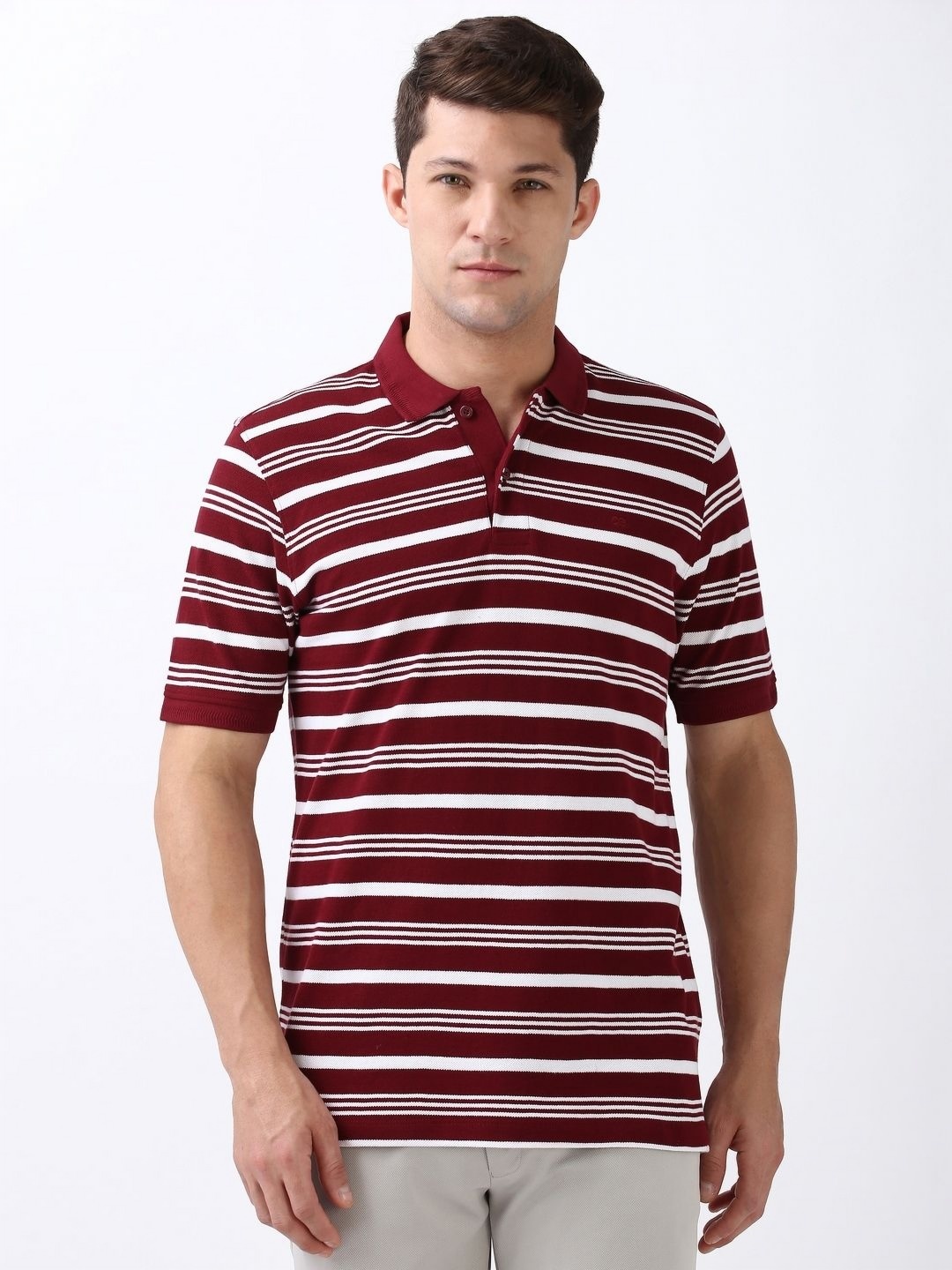 

Peter England Men Striped Polo Collar Cotton T-shirt, Maroon