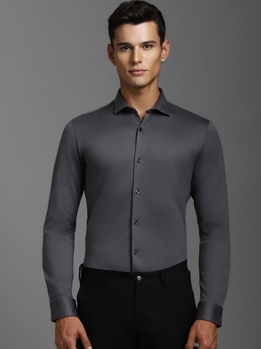 

Louis Philippe Men Spread Collar Solid Cotton Slim Fit Formal Shirt, Grey