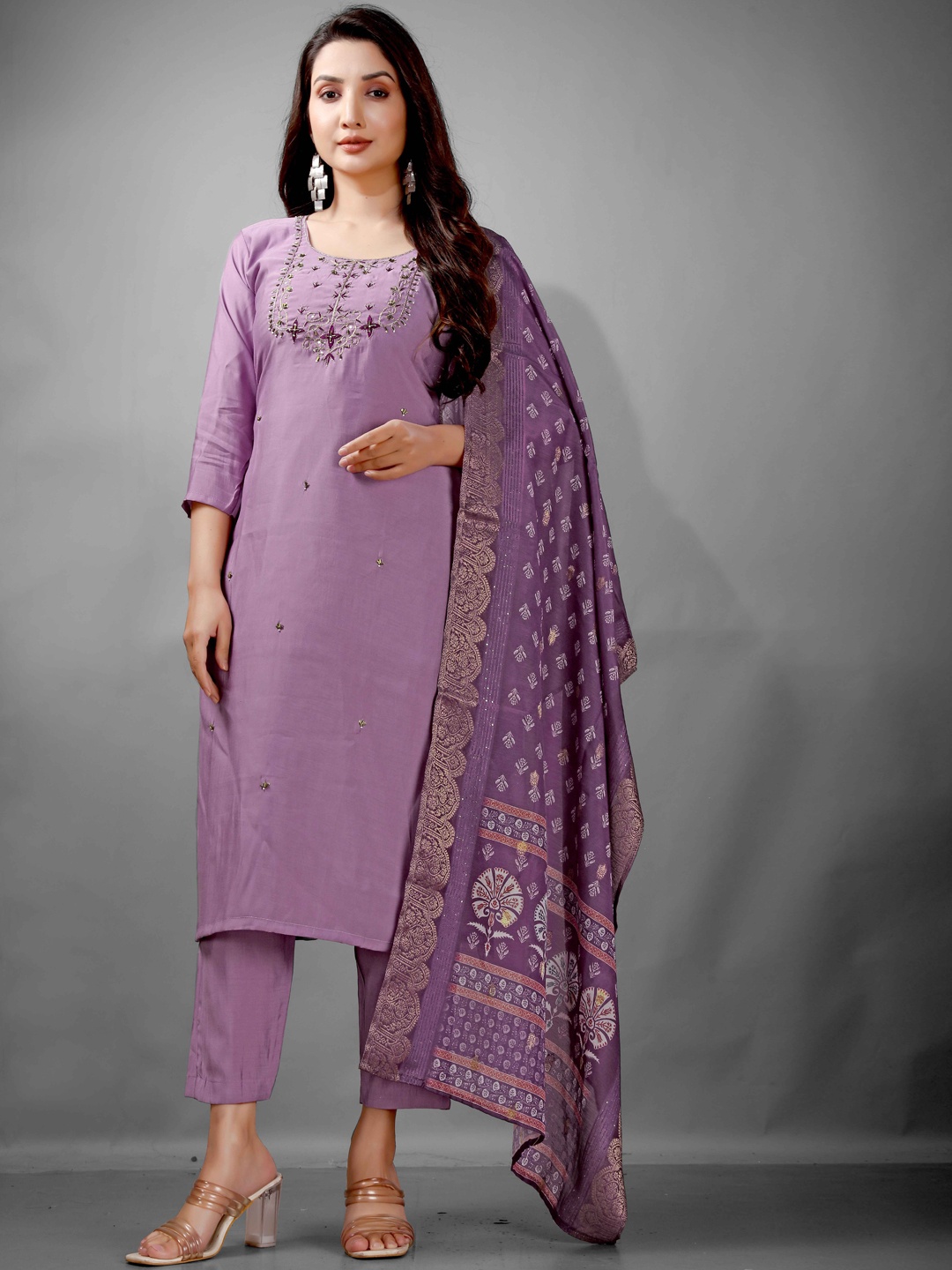 

NE STYLE Women Ethnic Motifs Embroidered Regular Mirror Work Kurta with Trousers & Dupatta, Violet