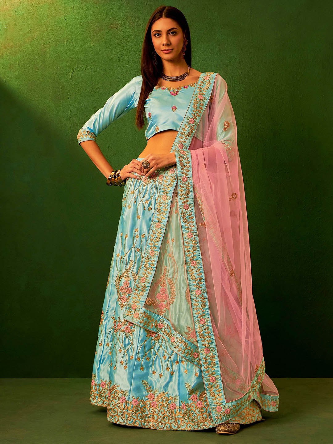 

Maroosh Embellished Thread Work Unstitched Lehenga & Blouse With Dupatta, Blue