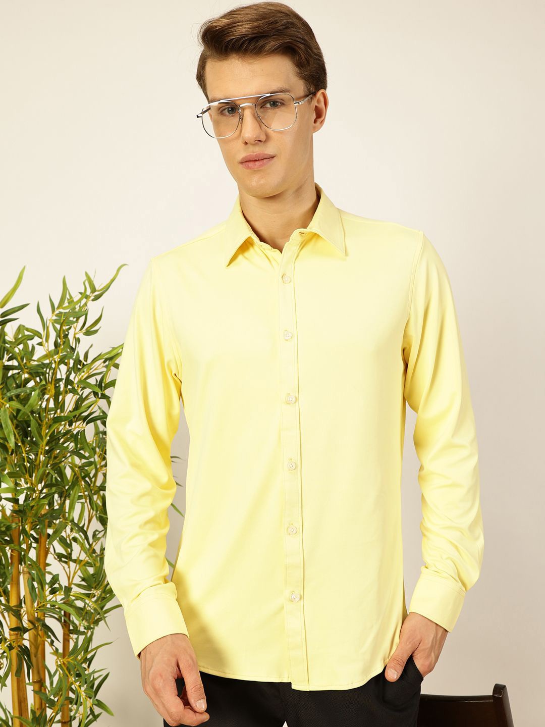 

Thomas Scott Men Premium Spread Collar Solid Slim Fit Casual Shirt, Yellow