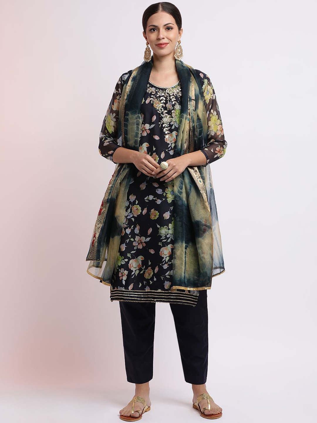 

Jaipur Kurti Festive Embroidered Floral Organza Kurta Set With Dupatta, Navy blue