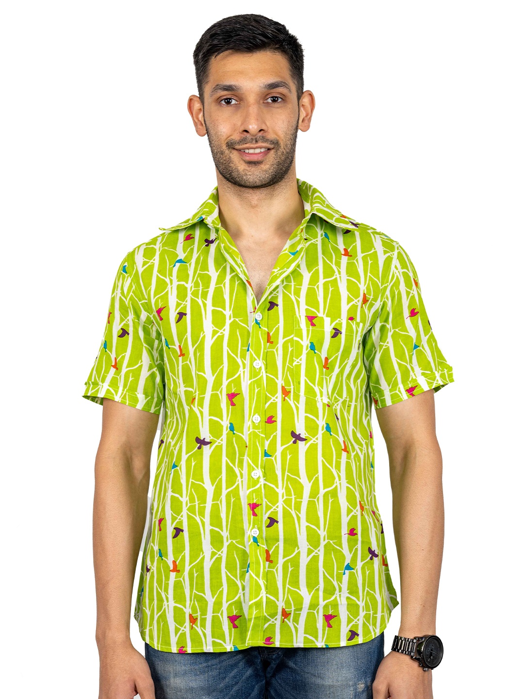 

OnlyMenGrooming Men Modern Spread Collar Abstract Printed Cotton Casual Shirt, Green