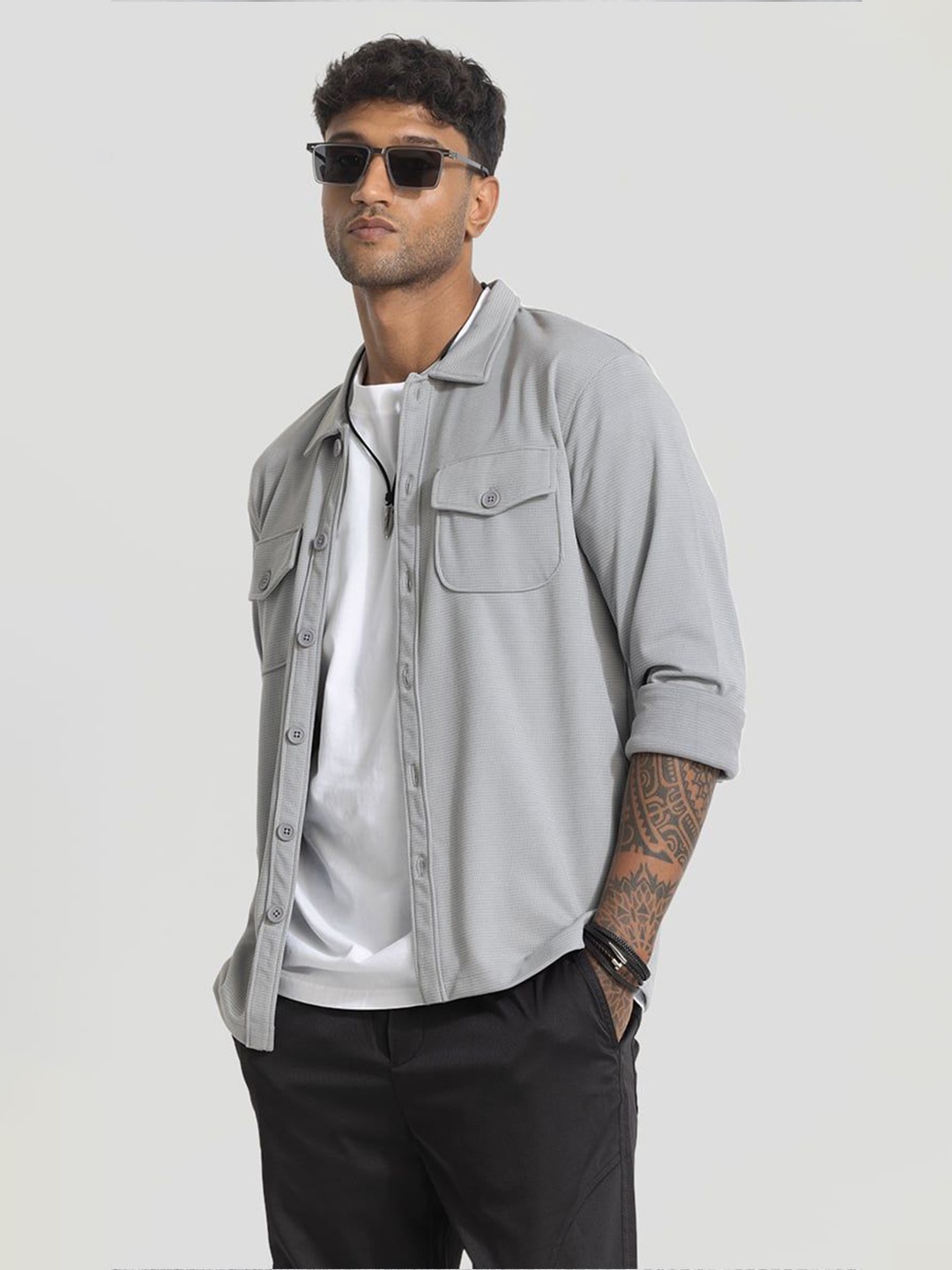 

Snitch Men Self Design Spread Collar Open Front Jacket, Grey