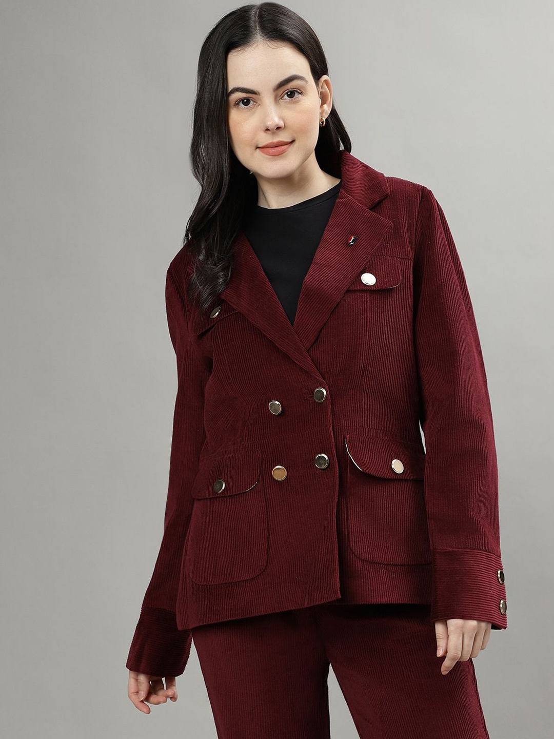 

Iconic Notched Lapel Collar Double Breasted Cotton Blazers, Burgundy