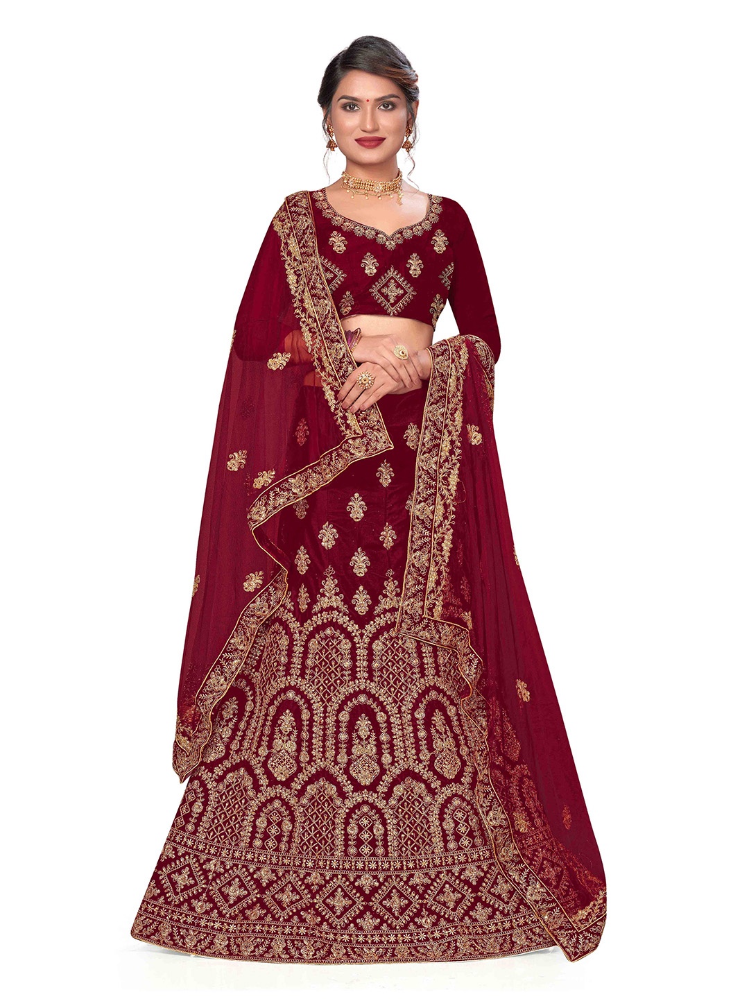 

Maroosh Women Embroidered Thread Work Unstitched Lehenga & Blouse With Dupatta, Maroon