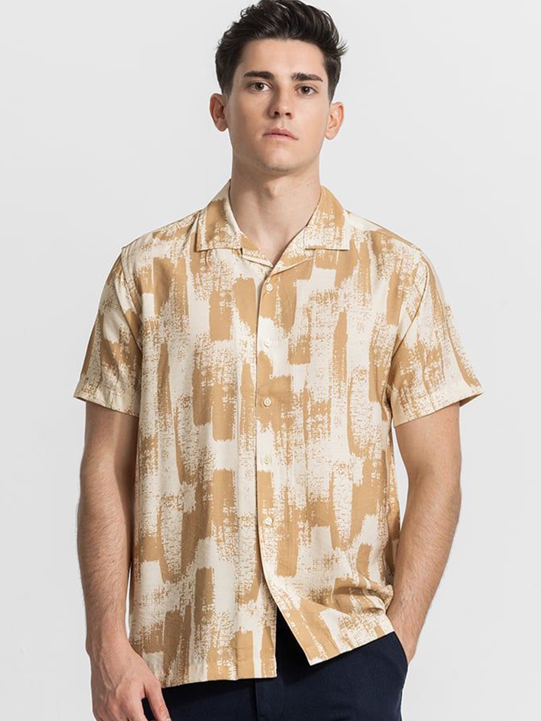 

Snitch Men Smart Cuban Collar Abstract Printed Casual Shirt, Beige
