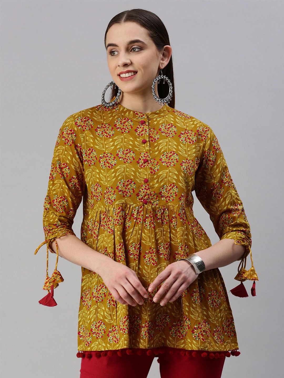 

CHIRAAI Women Ethnic Motifs Printed Mandarin Collar Cotton Top, Mustard