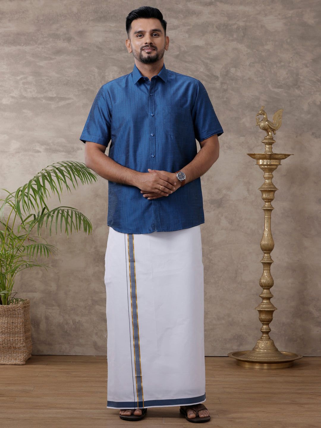

RAMRAJ Men Solid Traditional Cotton Shirt And Matching Fancy Border Dhoti, Blue